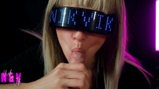 Сyberpunk girl greedily sucks all the cum out of her fan