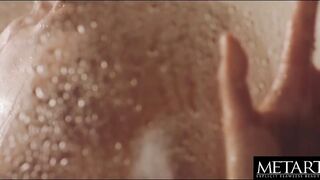Beautiful American brunette fingerbangs her sexy shaved pussy