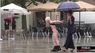 PUBLIC DISGRACE - Public perverted naked slut seduced by BDSM lady outdoor