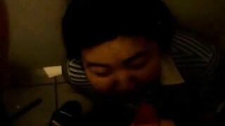 Chubby Asian facial in public bathroom