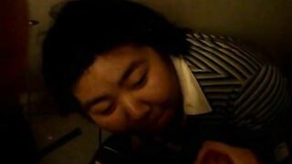 Chubby Asian facial in public bathroom