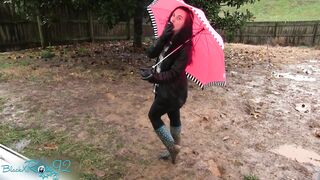 Leather Gloved Smoking In The Rain SMOKE FETISH OUTDOORS wellingtons rain boots leather jacket and leather gloves red lipstick
