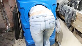 Cute girl in jeans stuck in the barrel while cleaning inside. And best husbands friend come to help and fucked her. 4K