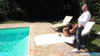Stepdad Catches Busty Australian Babe Atlantis Masturbating by the Pool and Offers His Cock for Real