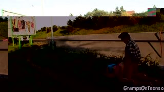 Teen fucked outdoors as traffic passes by