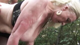 Horny grandma does it outdoors! She loves it when her fat breasts dangle while she fucks!