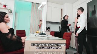 We Fucked Boss's Cheated Wife in Threesome! Cuckold Husband Talks to Phone When She Swallow Cum