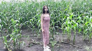 Fucked slutty step sister in dress on cornfield and cummed on her ass