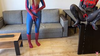 - Oh, no, I was bitten by a black spider! - And I was bitten by a red one. Let's squirt!
