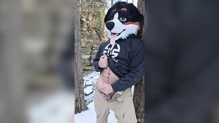 Furry @AngryBarks jerking off in the woods. Leaks cum then shoots hard ????