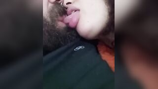 SEXY KISS, slut drinking cuckold's mouth while fucking hard horny cock with her handjob