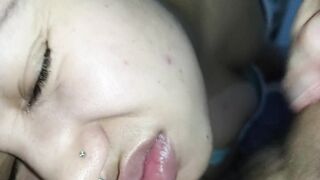 face smeared with a lot of CREAMPIE, handjob on the horny slut's face