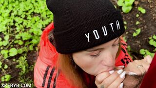 Great, quick blowjob in the park with creampie in the mouth