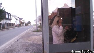 Very old blonde granny rides his young dick