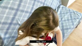 Cutie in Japanese school uniform touches your cock and gets embarrassed