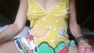 nippleringlover inserting thick rod through huge stretched nipple piercings & riding vibrator PART 1