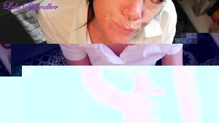 Lola wears leather , she loves sucking my big dick and swallows my cum. POV sloppy blowjob