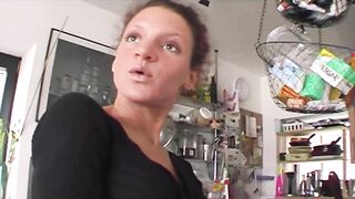 Sexy German brunette sucking and riding a loaded cock in POV